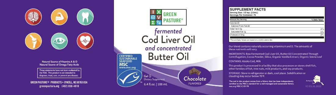 Green Pasture Butter Oil & Fermented Cod Liver Oil Gel β Chocolate, 6.4 oz
