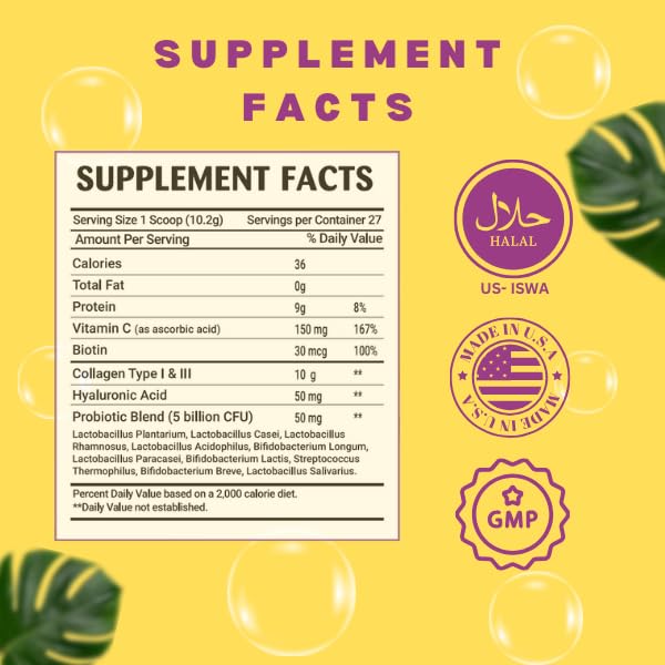 Greenfield Nutritions Halal Collagen Peptides Powder โ 9g Protein, Probiotic, Biotin, Hyaluronic Acid & Vitamin C (270g)