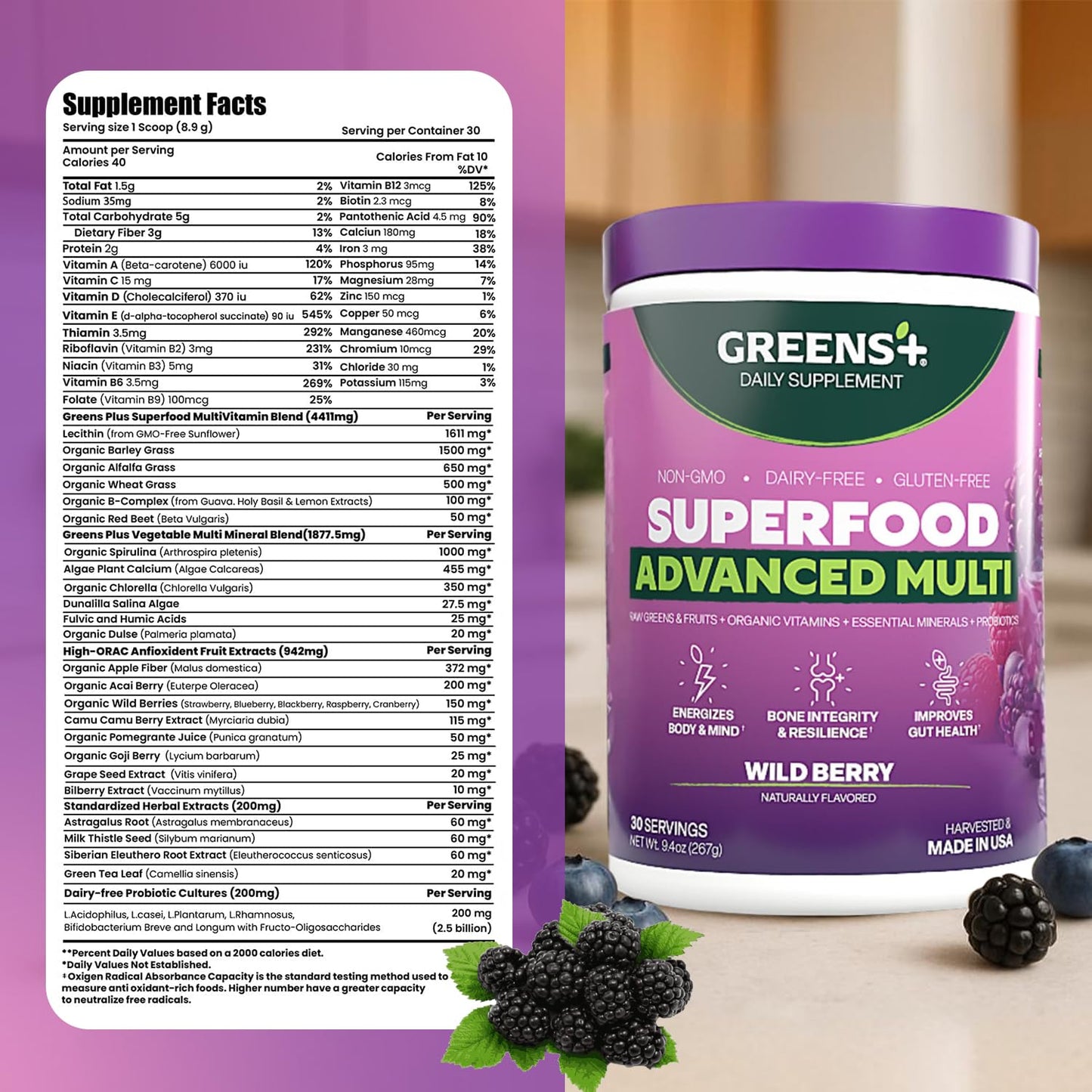 Greens+ Advanced Multi Wild Berry Superfood Powder โ Organic, Vegan, Non-GMO (9.4 oz)