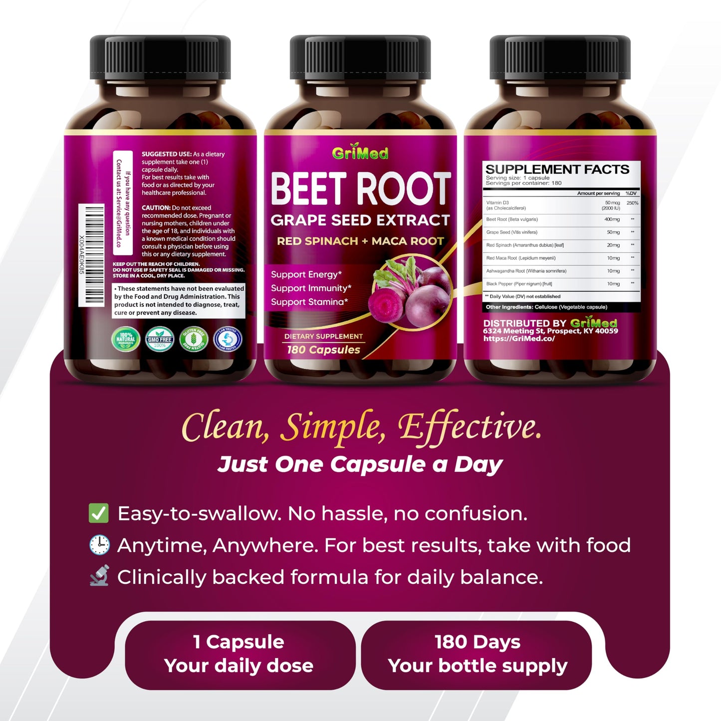 GriMed Beet Root with Grape Seed Extract, Maca Root, Red Spinach & Ashwagandha โ 180 Vegetable Capsules