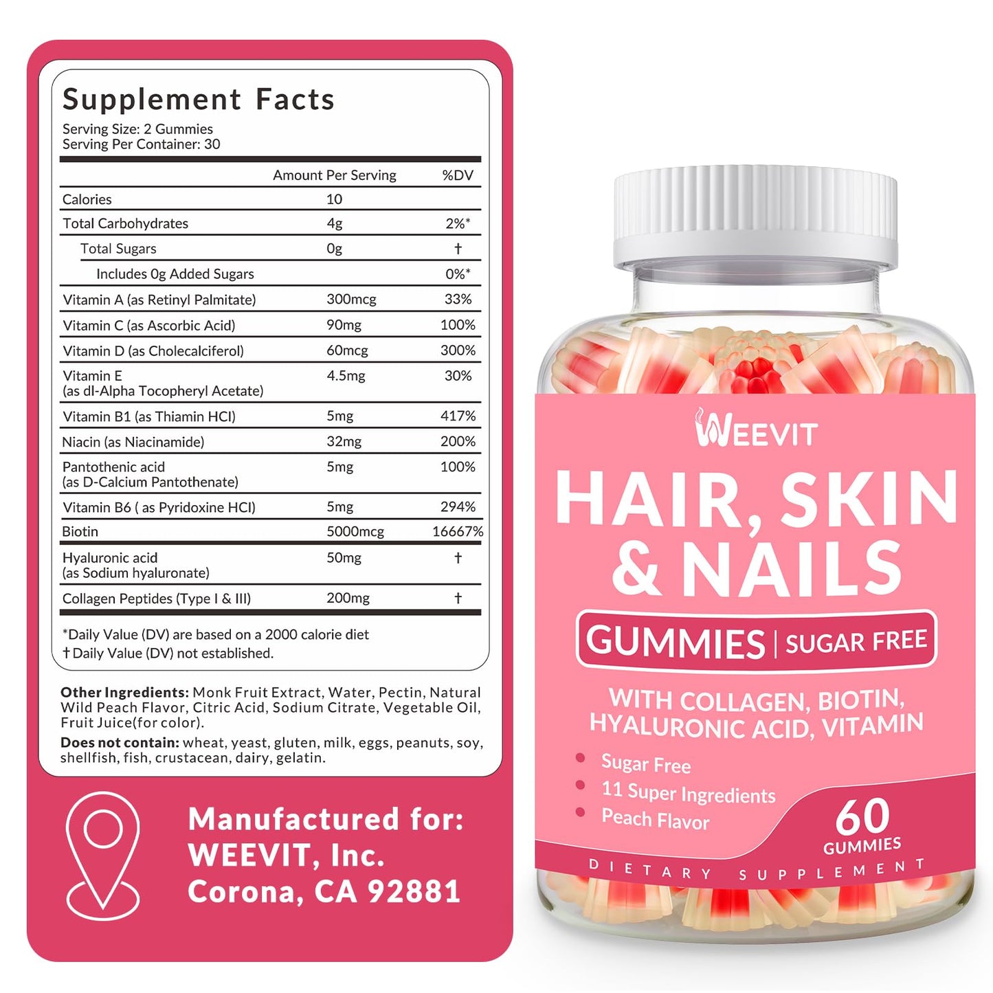 Hair Skin & Nails Gummies โ Biotin, Collagen & Hyaluronic Acid | Gluten Free & Non-GMO