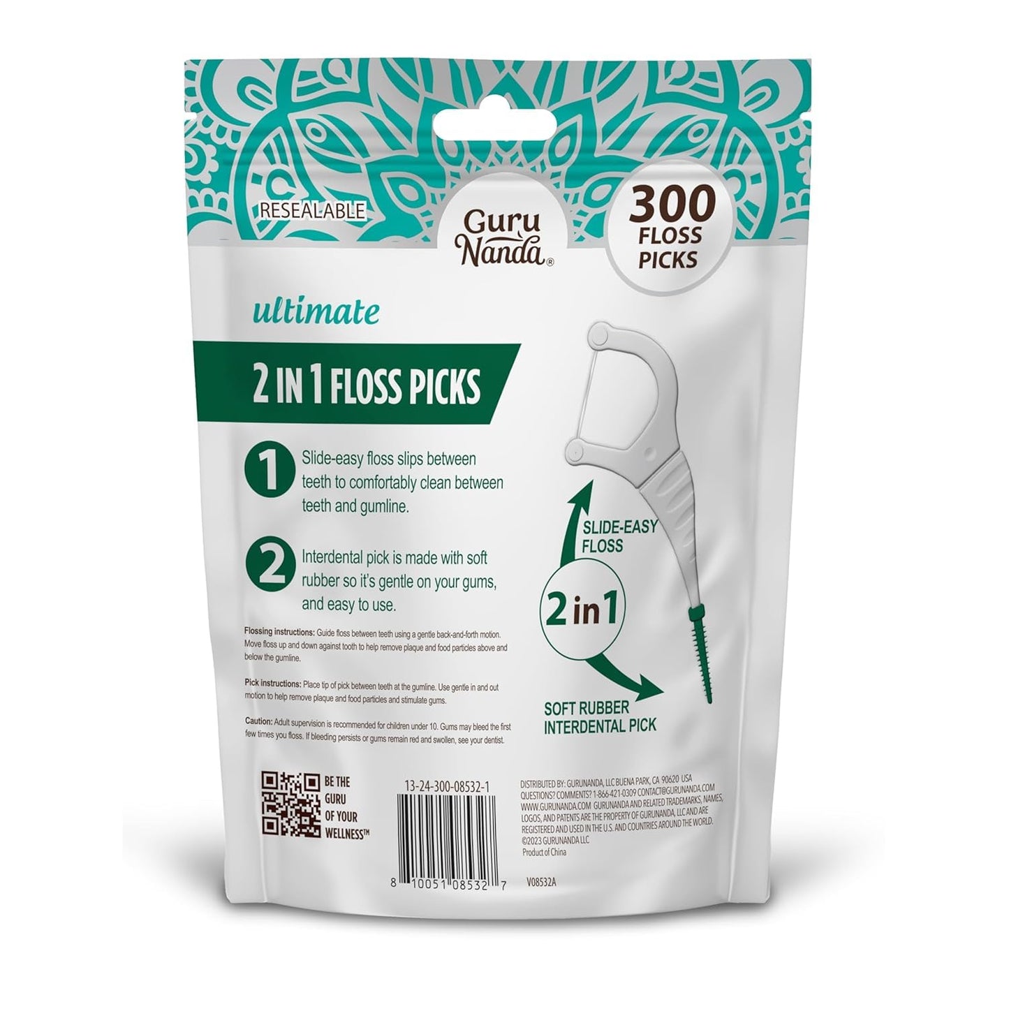 GuruNanda 2-in-1 Dental Floss Picks โ 300 Count, Mint Flavor, Non-Slip Grip