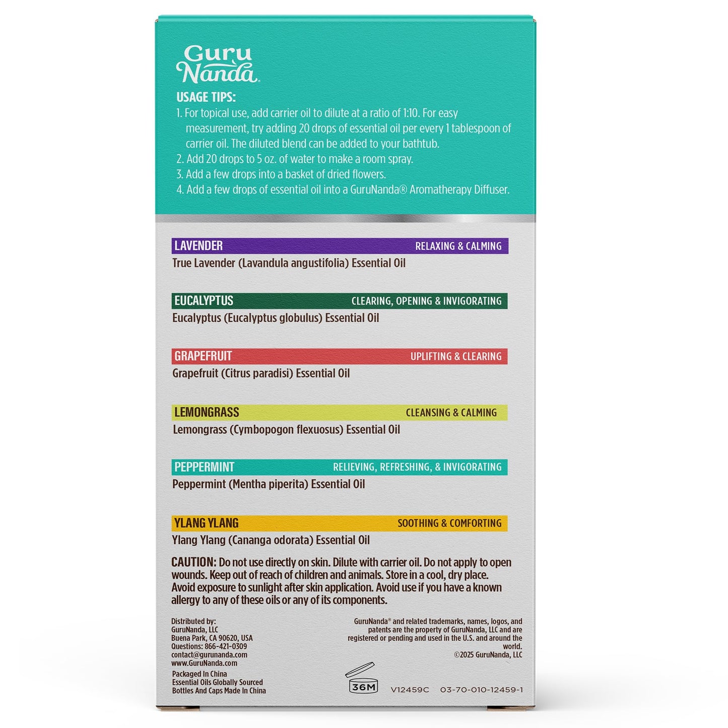 GuruNanda Essential Oils Set for Diffusers β 6 x 0.33 Fl Oz, 100% Pure & Natural (Lavender, Peppermint, Eucalyptus, Grapefruit, Lemongrass, Ylang Ylang) Pack of 6