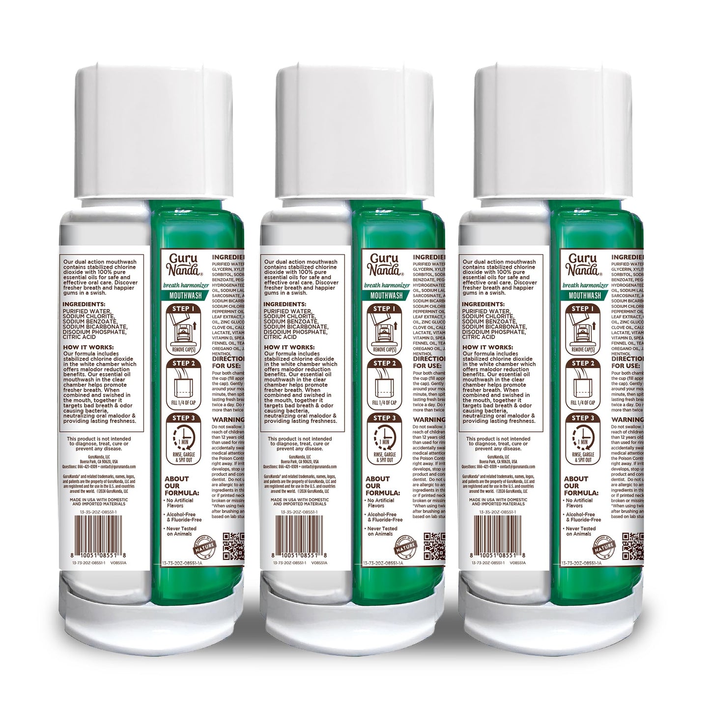 GuruNanda Dual Barrel Breath Harmonizer Mouthwash โ Wild Mint, 3 Pack, Alcohol-Free & Fluoride-Free
