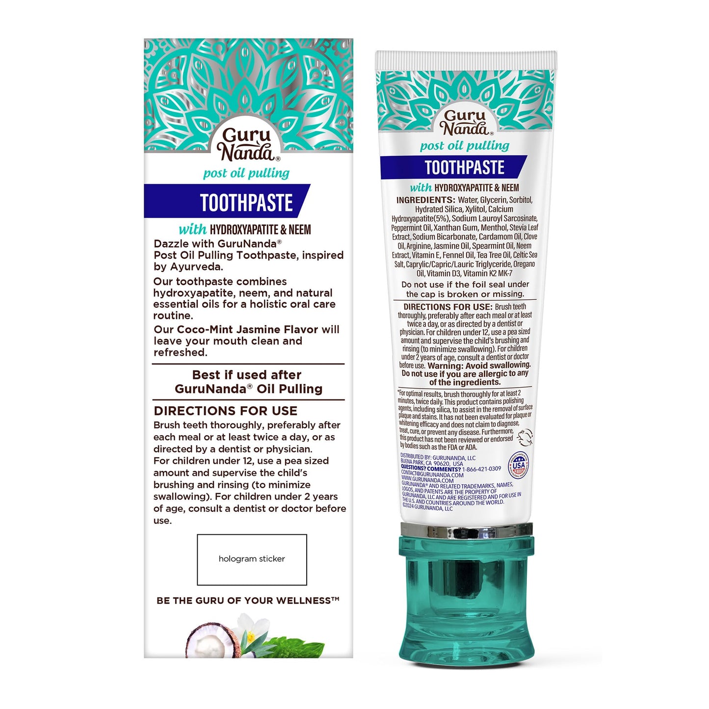 GuruNanda Hydroxyapatite Toothpaste โ SLS & Fluoride Free, CocoMint Jasmine Neem (4.2oz Pack of 2)