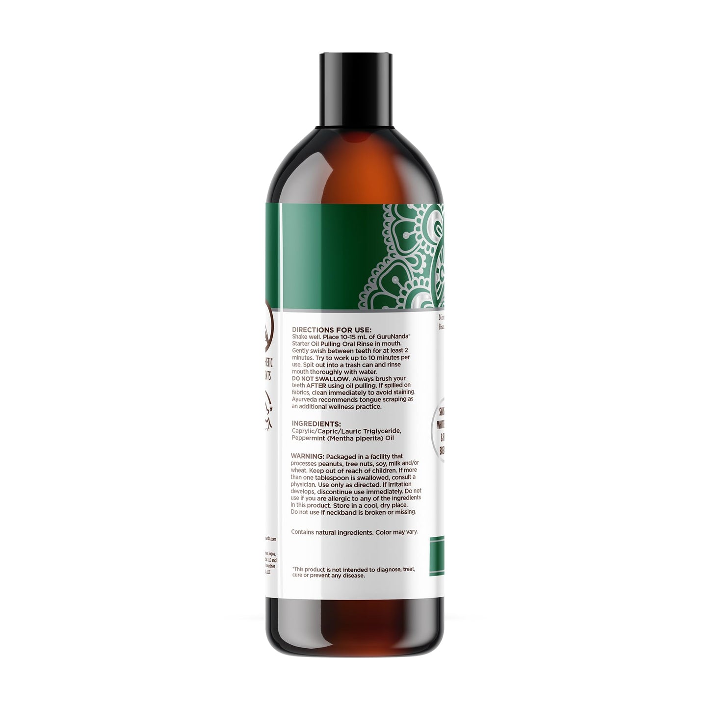 GuruNanda Starter Pulling Oil Mouthwash โ Coconut & Peppermint, Alcohol-Free, 8 oz with Toothbrush & Tongue Scraper