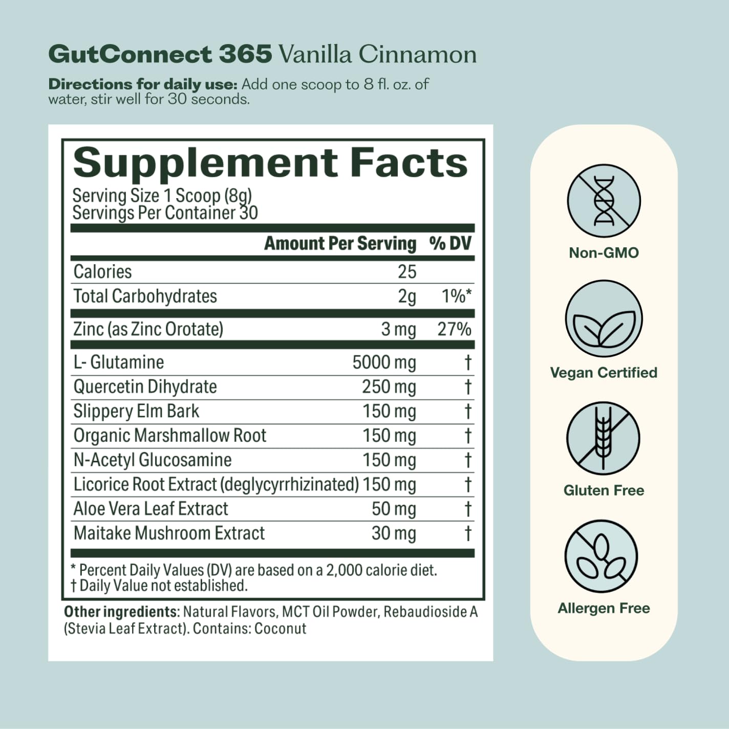GutConnect 365 Gut Health Powder โ Slippery Elm & L-Glutamine, Vanilla Cinnamon
