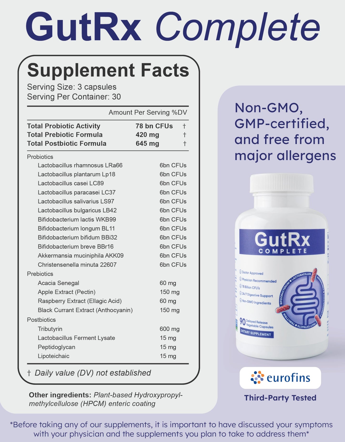 GutRx Complete Probiotic, Prebiotic & Postbiotic β 78B CFU with Akkermansia & Christensenella β 90 Count
