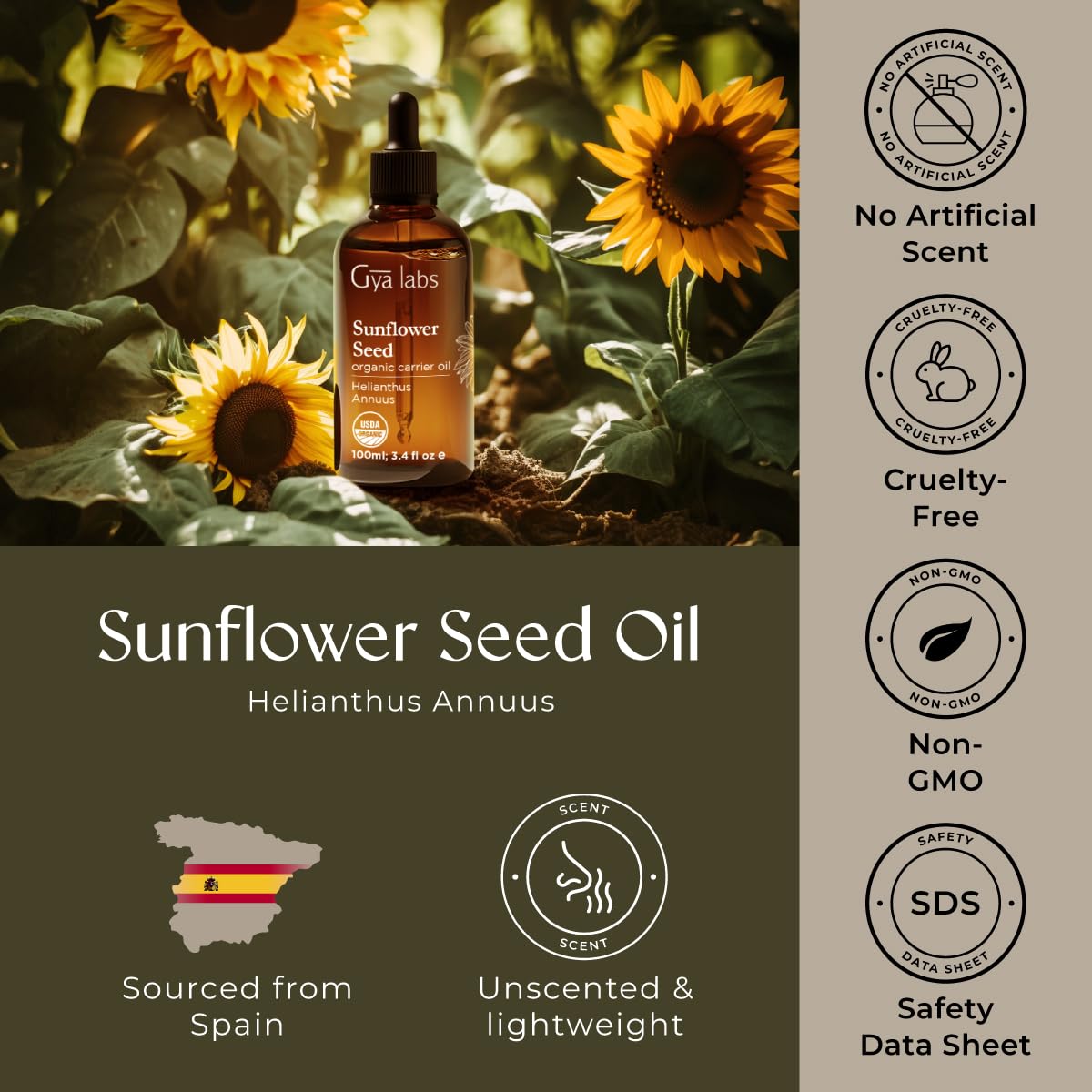 Gya Labs Sunflower Carrier Oil 3.4 oz โ Hair, Skin, Face, Scalp & Body
