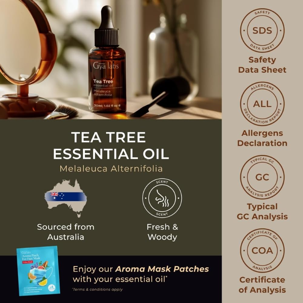 Gya Labs Tea Tree Essential Oil 1.02 fl oz โ Diffuser, Skin, Hair, Nails, Aromatherapy, Soap & Candle Making