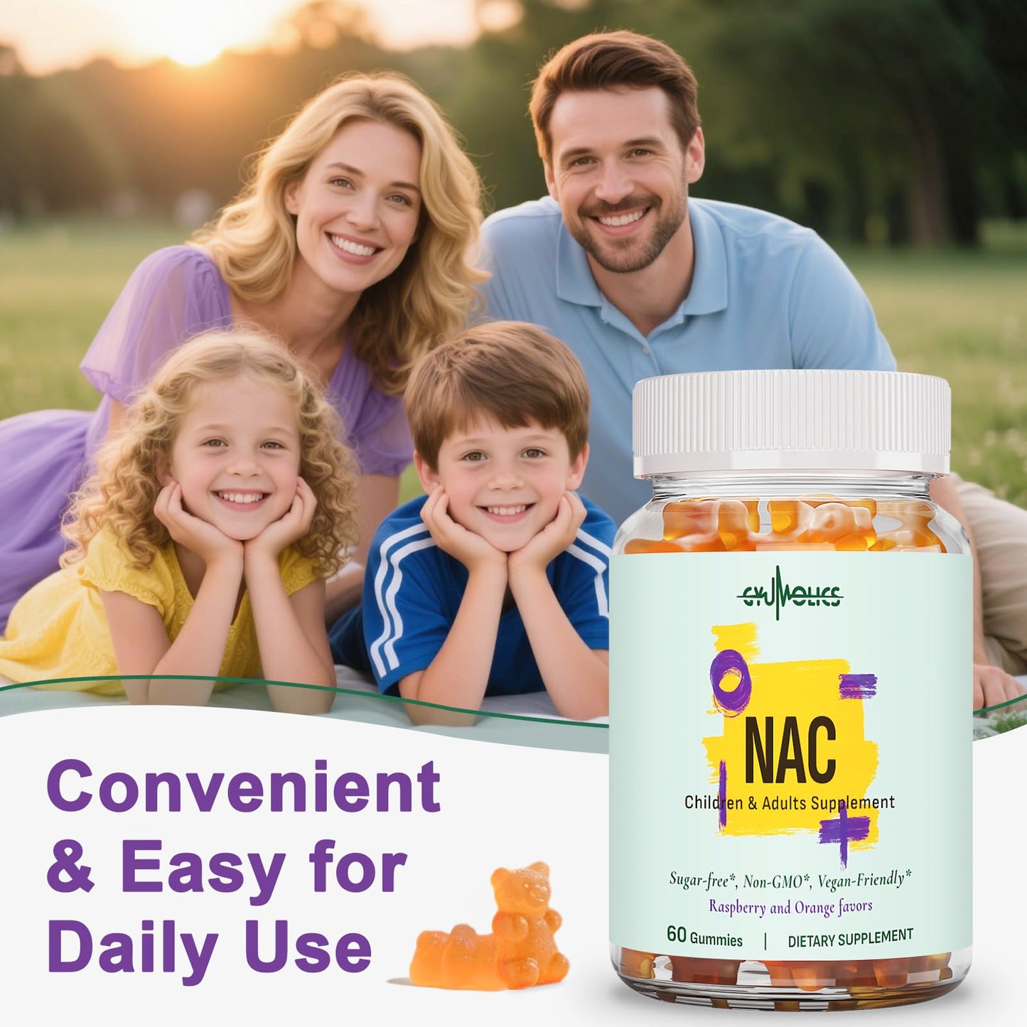 Gyumolics NAC Gummies 1000mg Adults & 500mg Kids โ Vegan, Sugar-Free, 120 Gummies