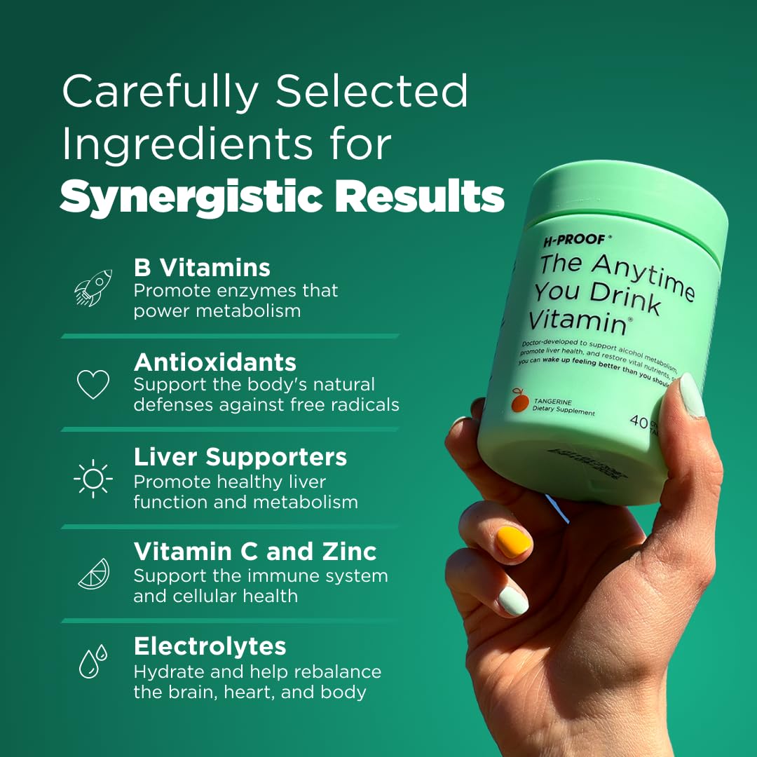 H-PROOF The Anytime You Drink Vitamin β Post-Drink Metabolism + Liver Health, Immunity Support, Vegan, 40 Chewables