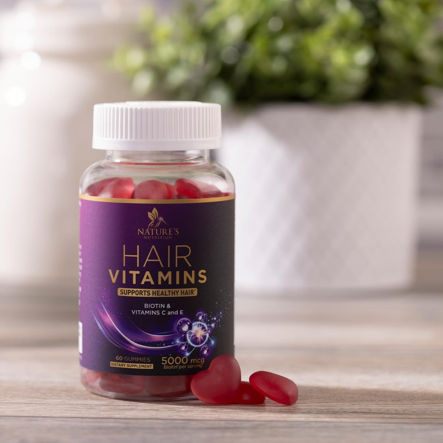 Hair Vitamins Gummies with Biotin 5000 mcg โ Hair Growth, Skin & Nails โ Non-GMO, Gluten Free โ 60 Gummies