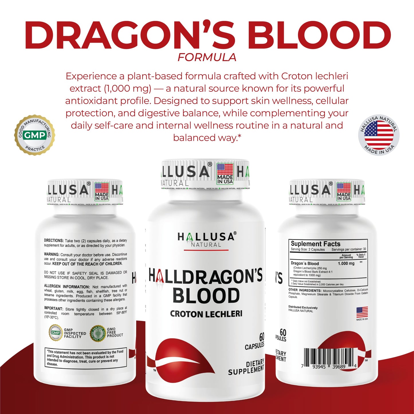 Hallusa Dragon's Blood 1000 mg Capsules โ Croton Lechleri Digestive & Skin Support (60 Caps)