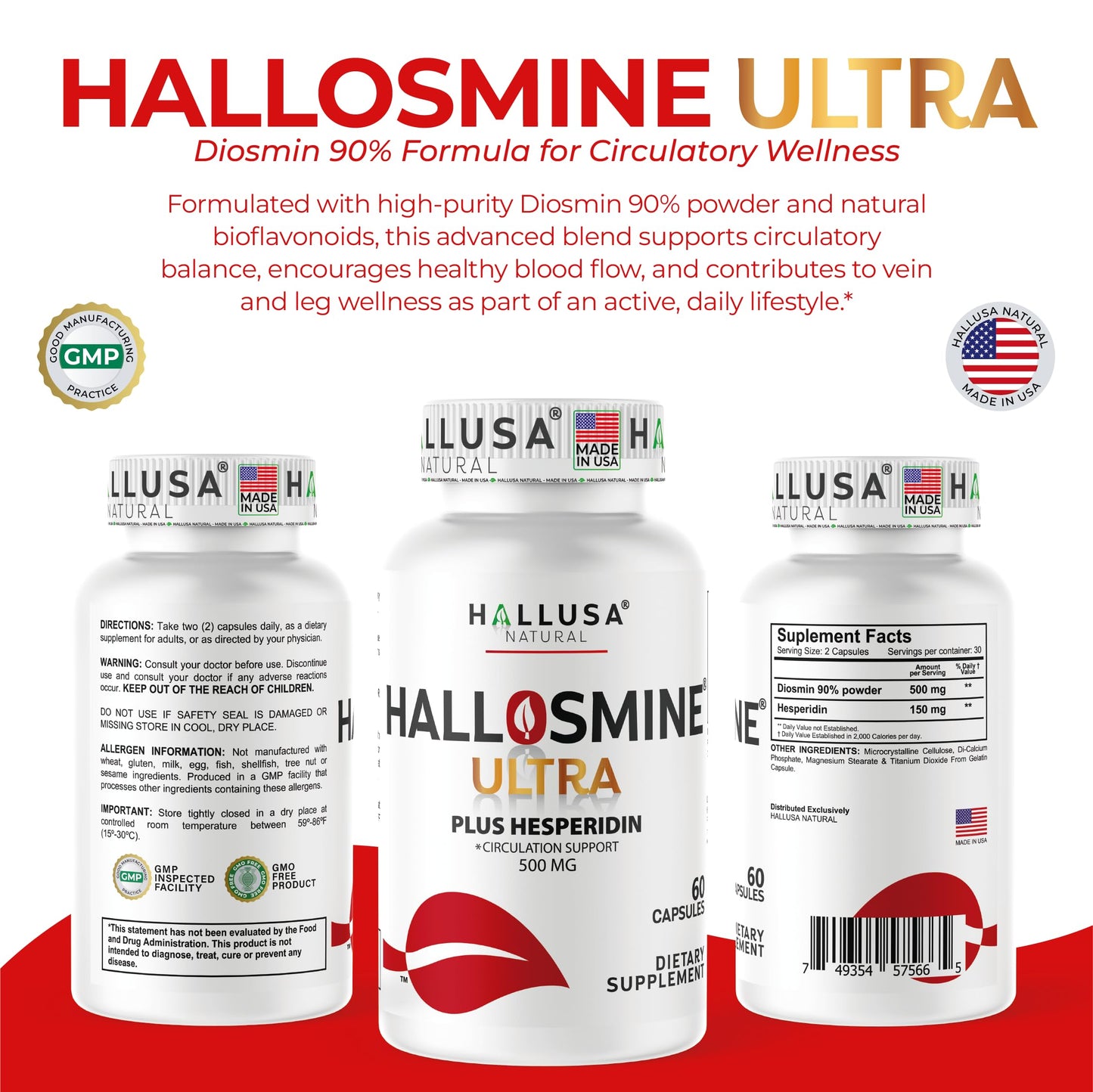 Hallusa Natural Hallosmine Ultra Diosmin 500mg & Hesperidin 150mg โ Heavy Legs & Vein Support, 60 Caps