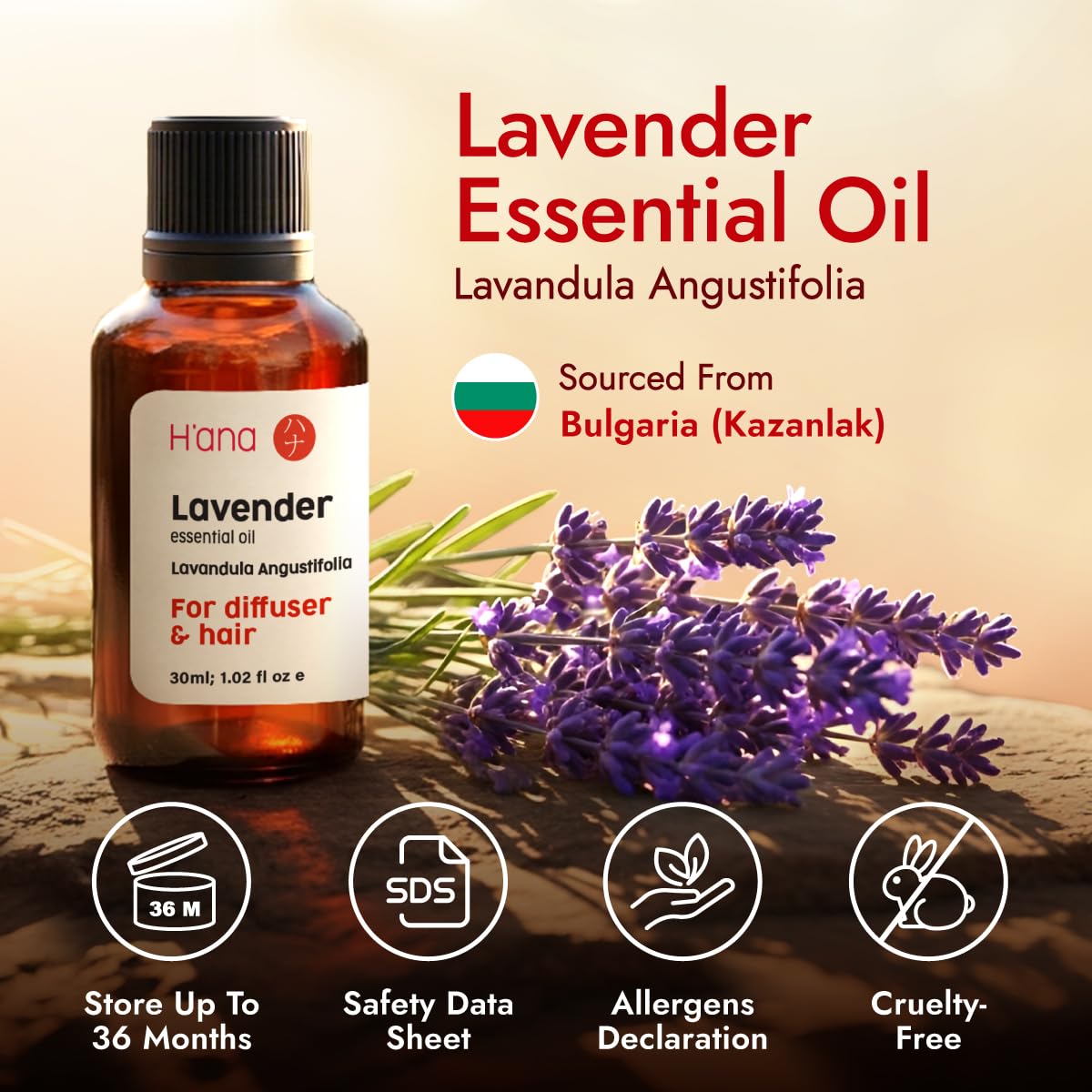 H'ana Lavender Essential Oil โ 1.02 Fl Oz for Hair, Skin, Diffuser & DIY Crafts