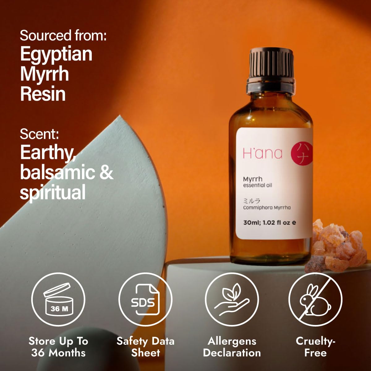 H'ana Myrrh Essential Oil โ 1.02 fl oz | Hair, Skin, Diffuser