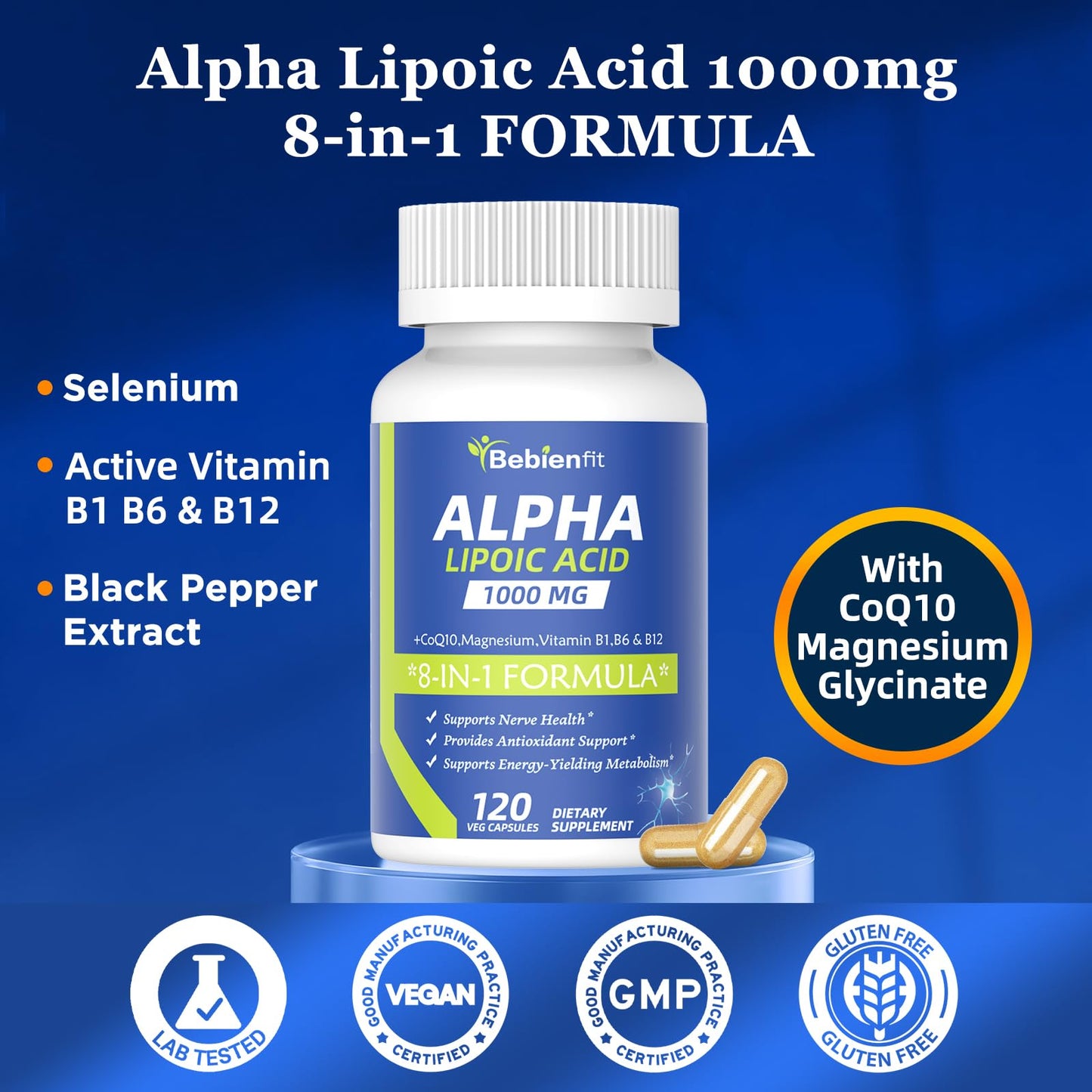 Alpha Lipoic Acid 1000mg with Magnesium Glycinate โ Neuropathy Support, CoQ10 & B Vitamins โ Gluten-Free Vegan 120 Caps
