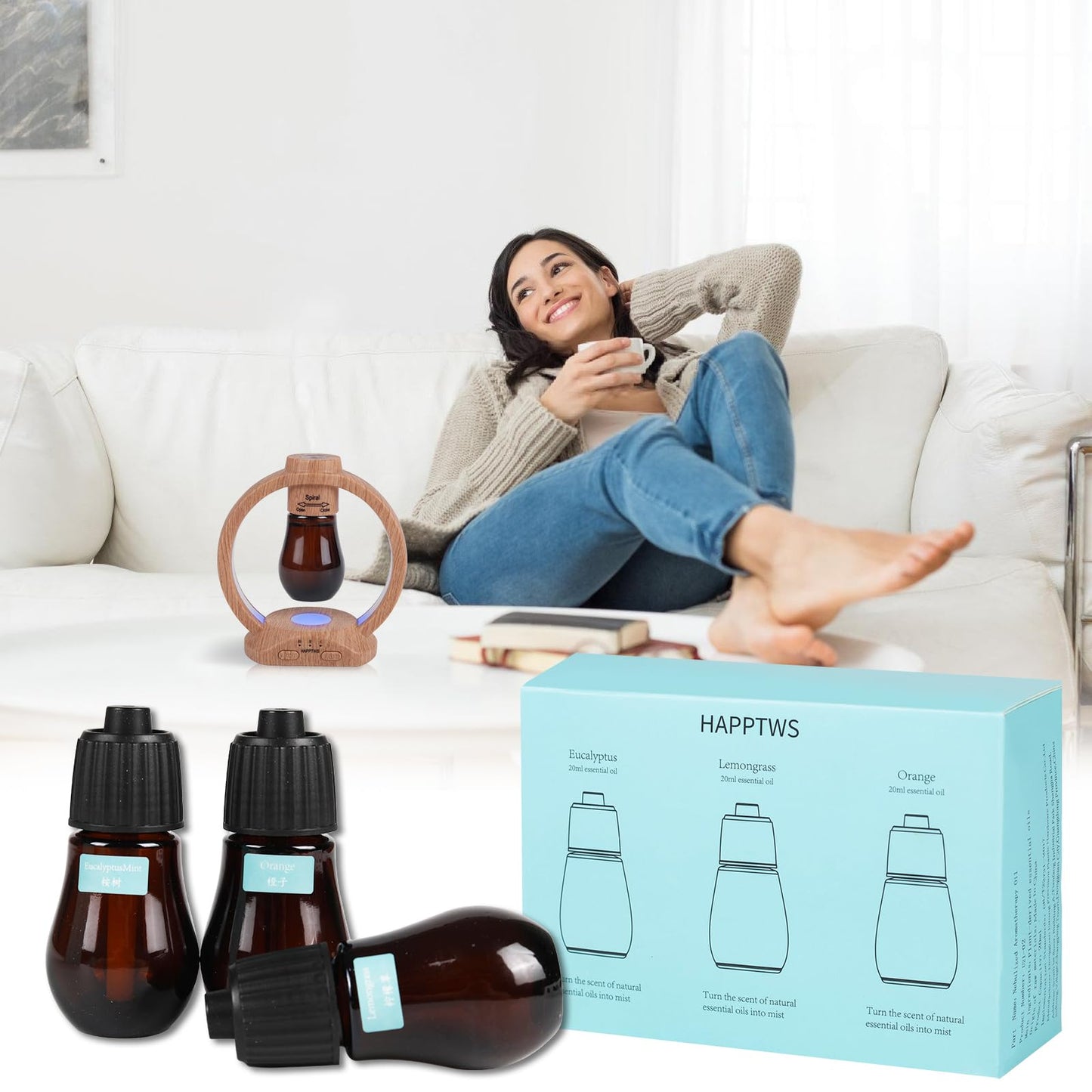 HAPPTWS Aromatherapy Essential Oil Set โ 3-Piece Diffuser Oils: Eucalyptus, Lemongrass, Orange