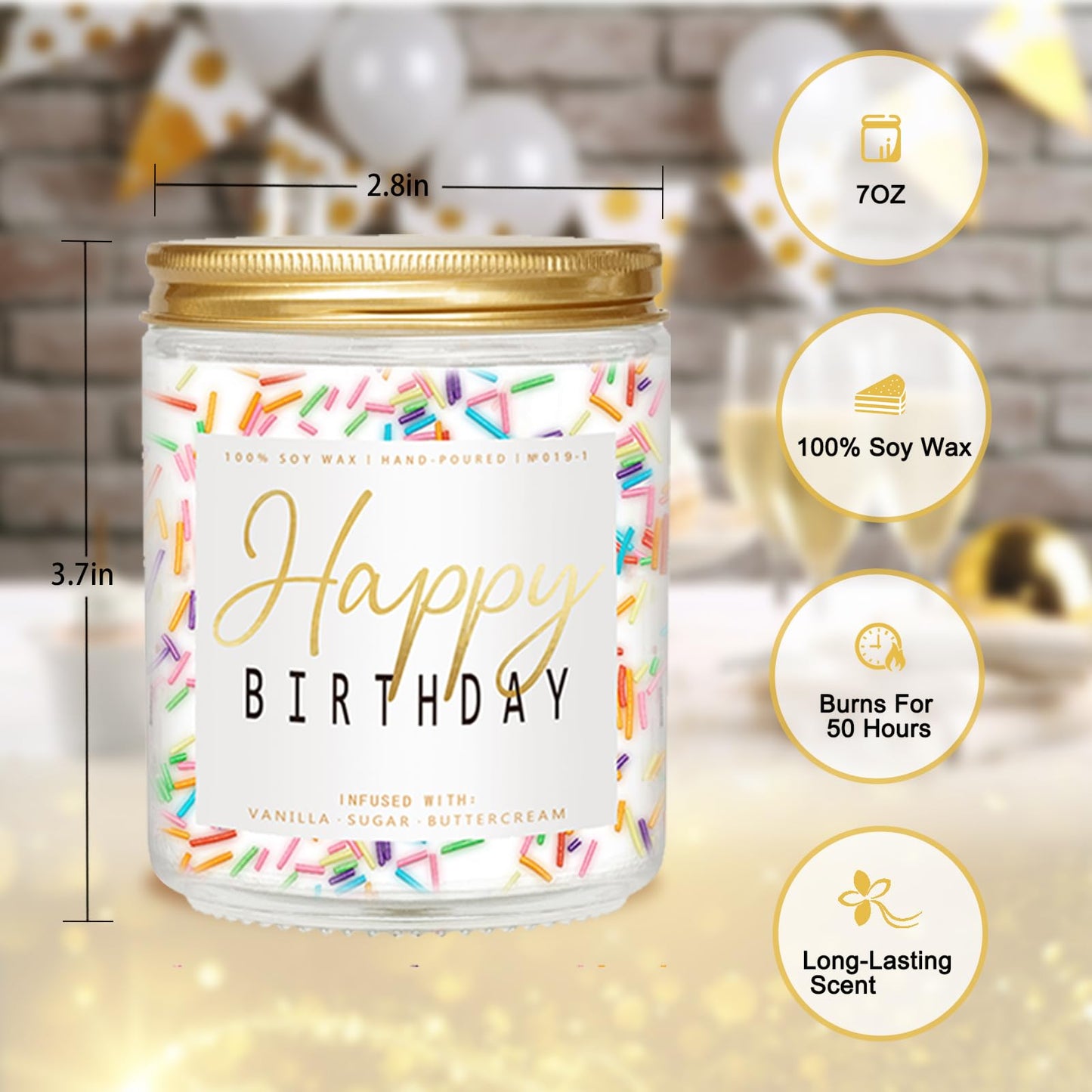 Happy Birthday Candle โ Vanilla Cream 7oz Scented Candle with Sprinkles | Unique Birthday Gifts