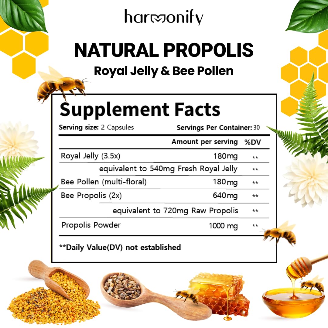 HARMONIFY Bee Pollen Propolis Royal Jelly Extract 1000mg โ Immune Support Capsules