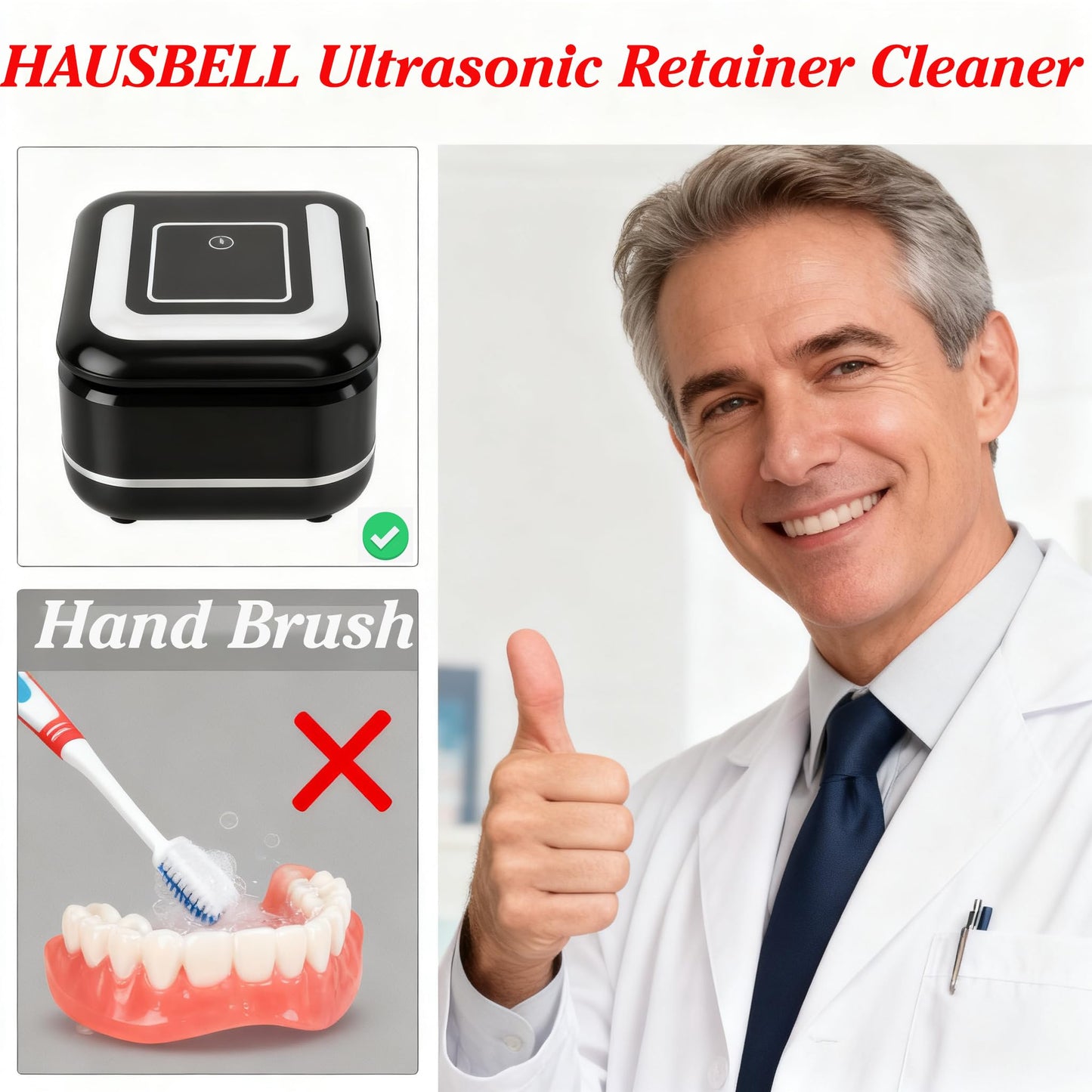 HAUSBELL Dental Pod Ultrasonic Retainer Cleaner โ 8 Tablets + Noise-Reduction Lid