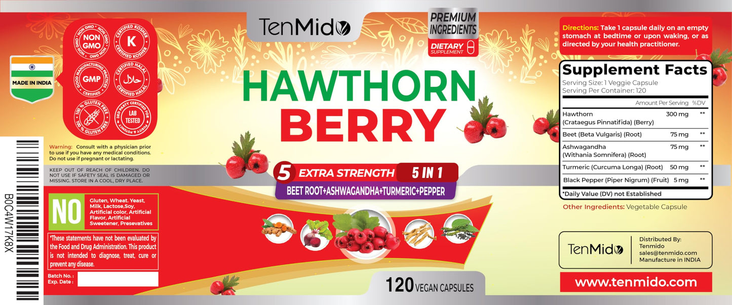 Hawthorn Berry Extract Capsules โ 120 Vegan (4 Months) with Beet Root, Ashwagandha & Turmeric