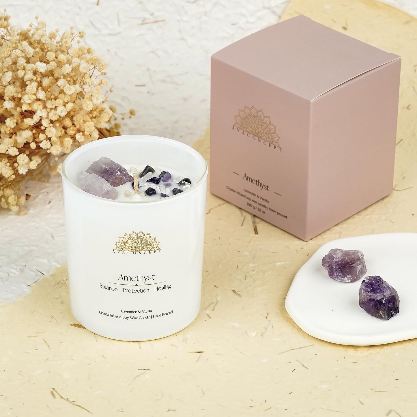 Healing Crystal Candle โ Amethyst & Clear Quartz, Lavender & Vanilla, 10oz Jar