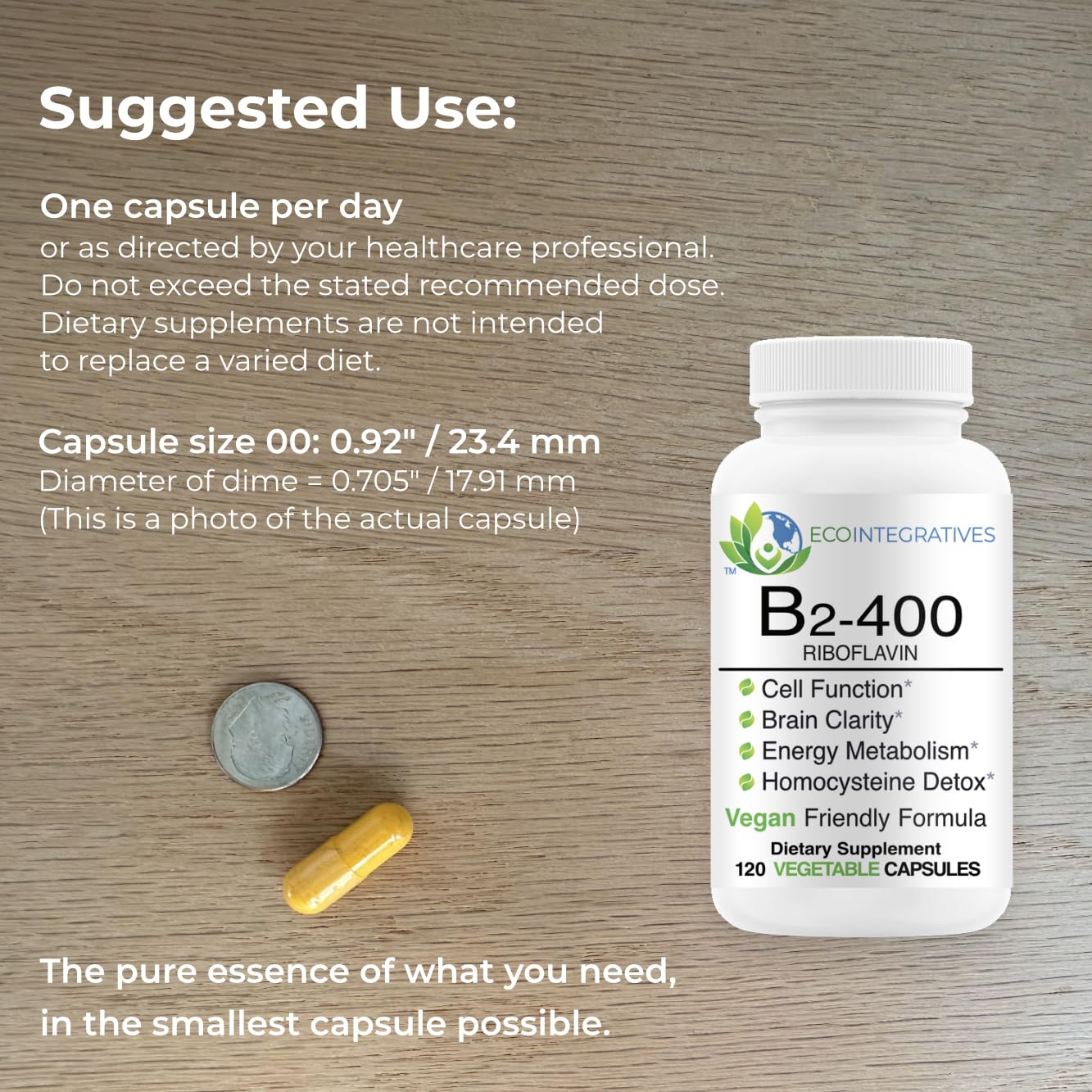 EcoIntegratives B2-400 Pure Riboflavin β Energy, Mental Clarity, Cellular Health | 120 Vegan Capsules