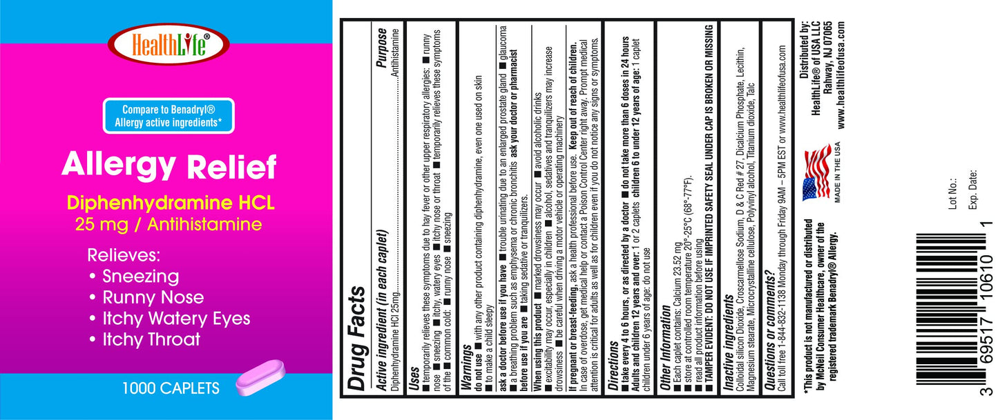 HEALTH LFE Allergy Relief Caplets 25 mg Diphenhydramine HCl โ Pack of 2 (2000 Count) for Children & Adults