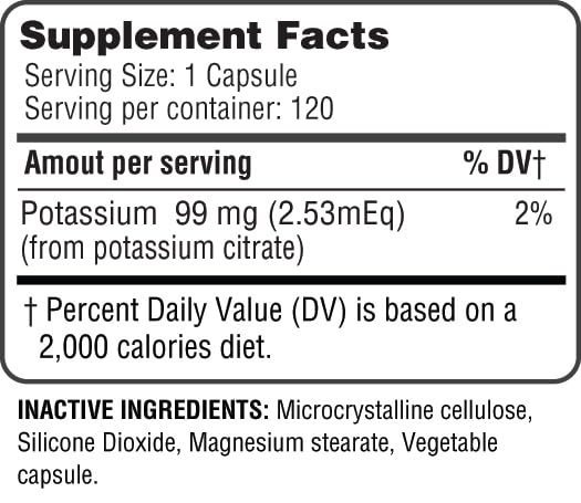 Potassium Citrate Capsule 99mg โ Essential Electrolyte for Nerve, Muscle & Heart Health (120 Capsules)