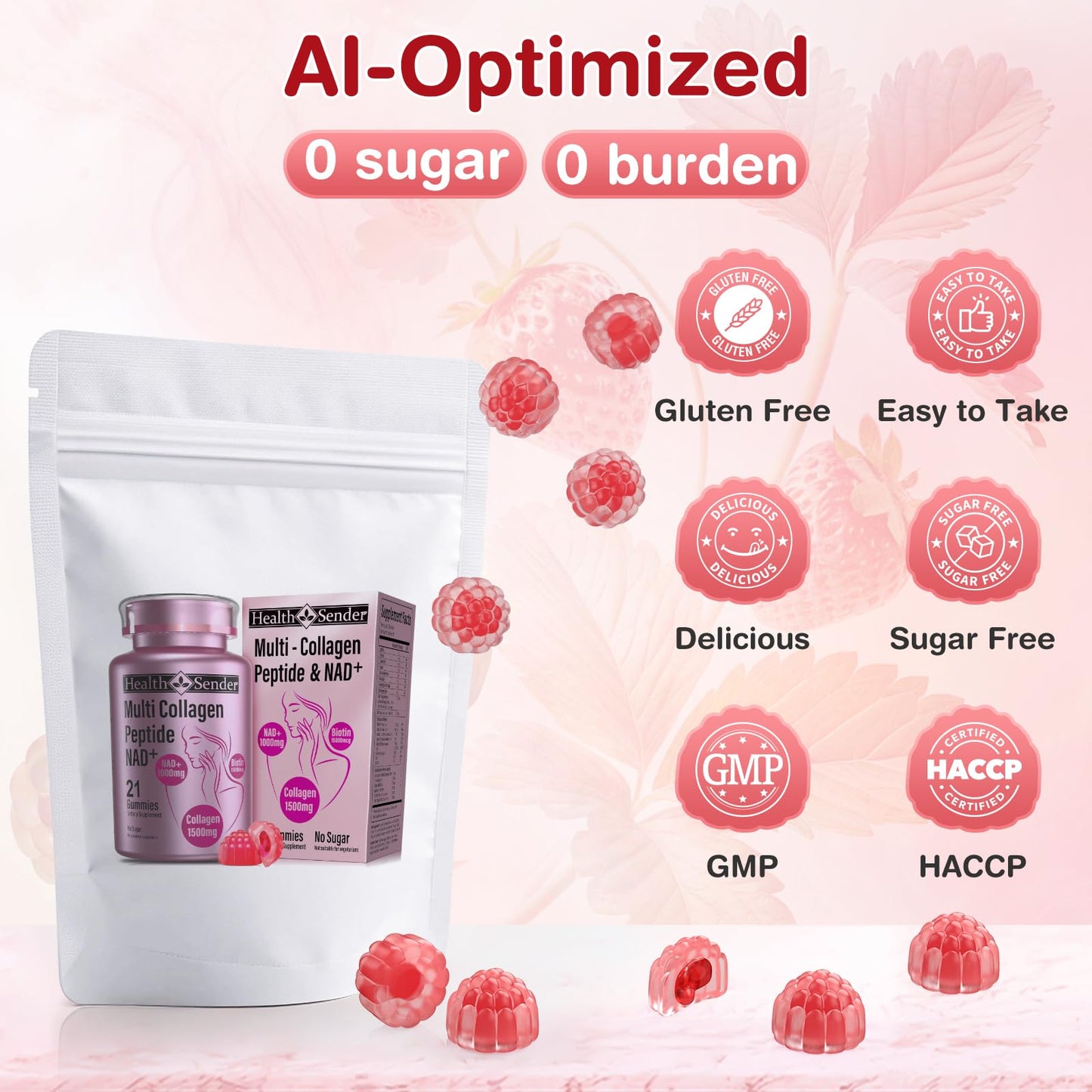 HealthSender Collagen Gummies โ 1500mg Collagen, NAD 1000mg, Biotin 15000mcg