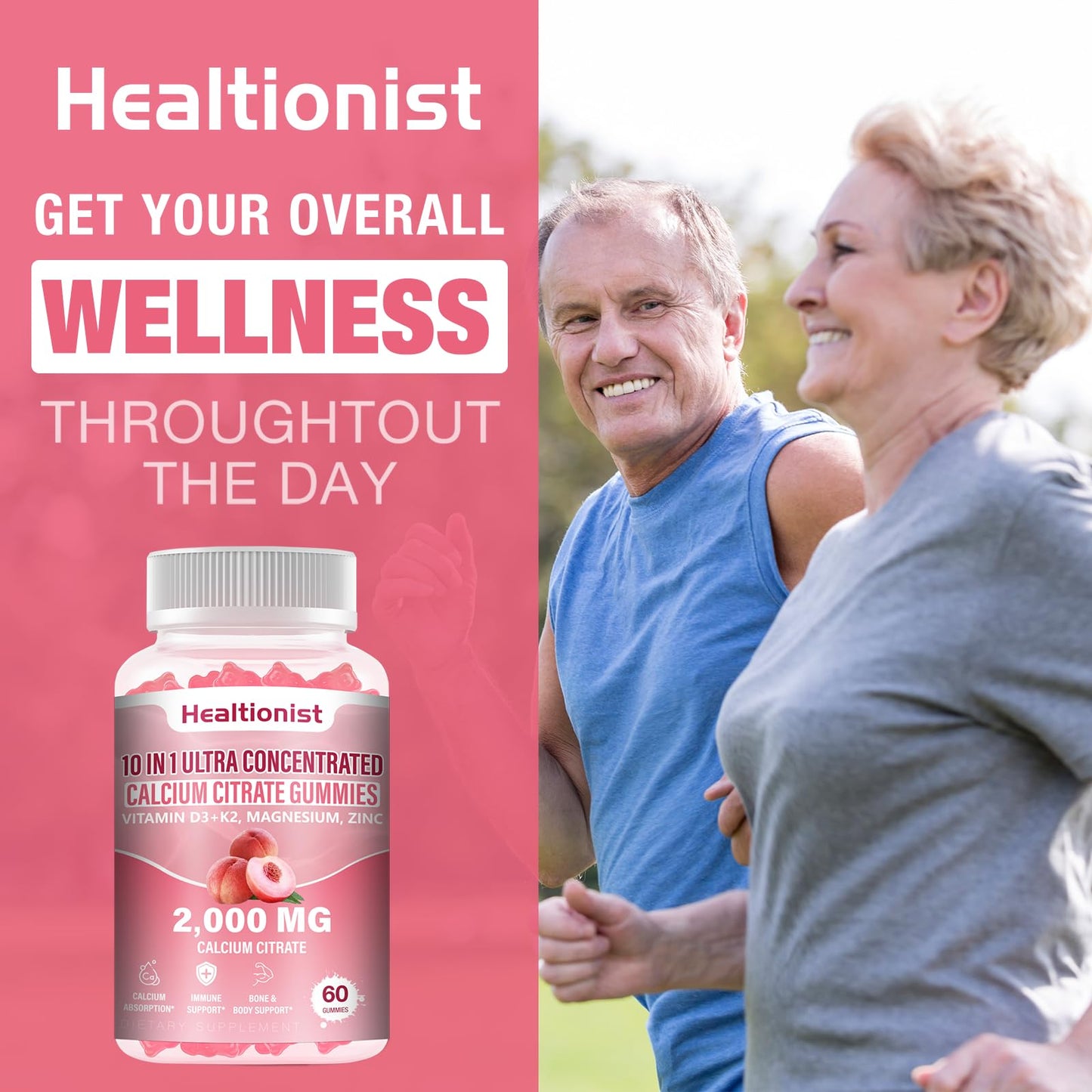 Healtionist 2000mg Calcium Citrate Gummies โ D3 & K2, Peach Flavor
