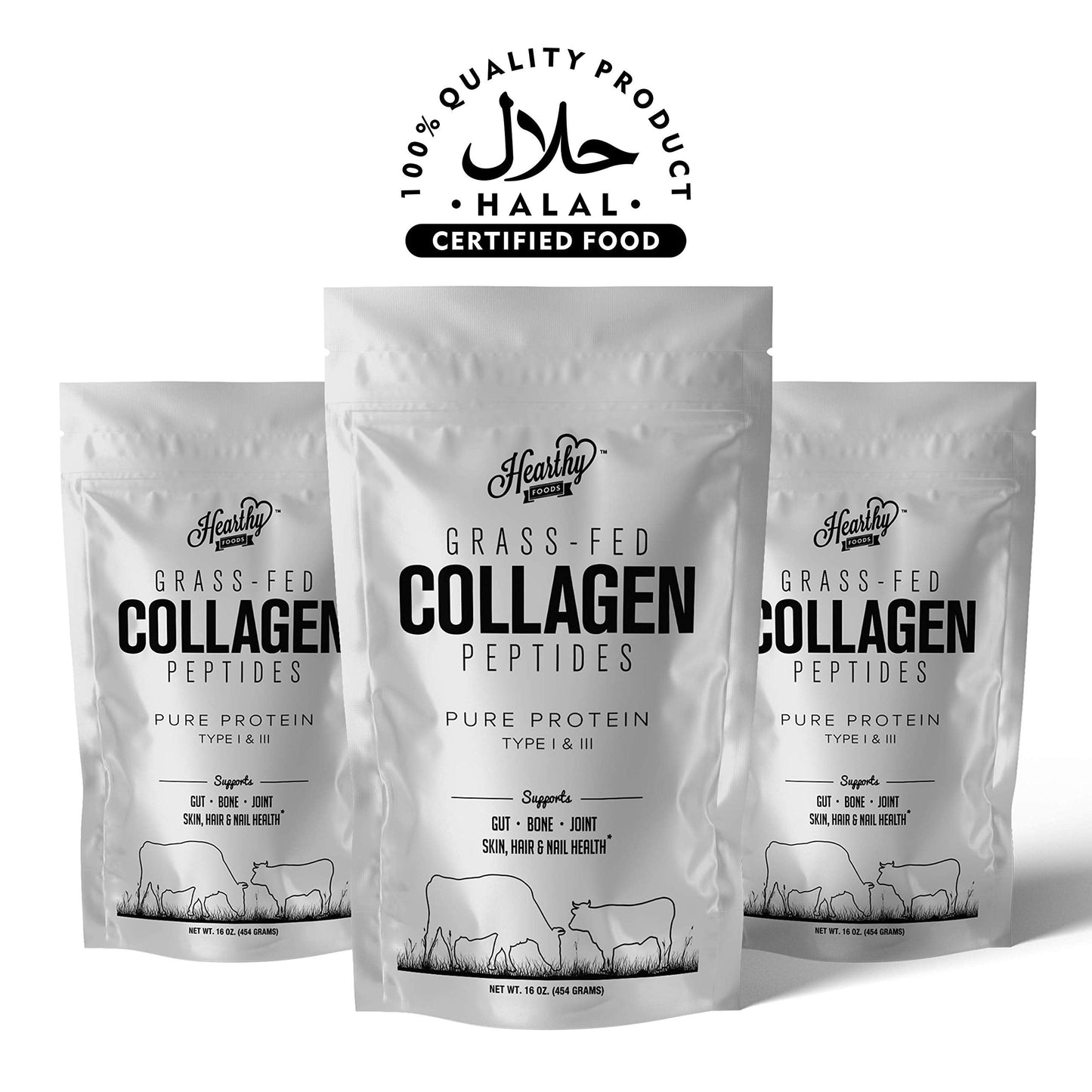 HEARTHY FOODS Collagen Powder 18g Protein - Halal, Grass-Fed, Organic, 16oz