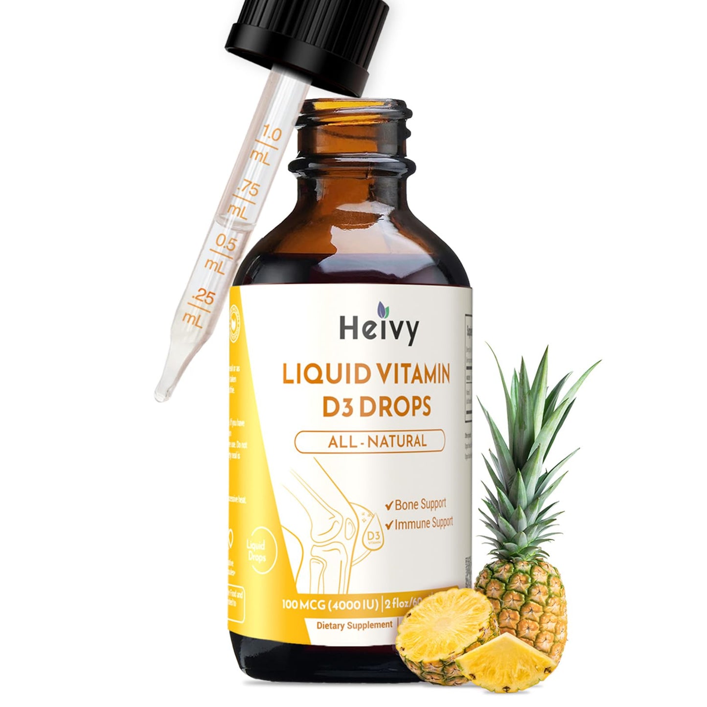 Heivy Vitamin D Drops 4000 IU (100 mcg) โ D3 for Bone Health | Pineapple Flavor | Made in USA | 60 Servings