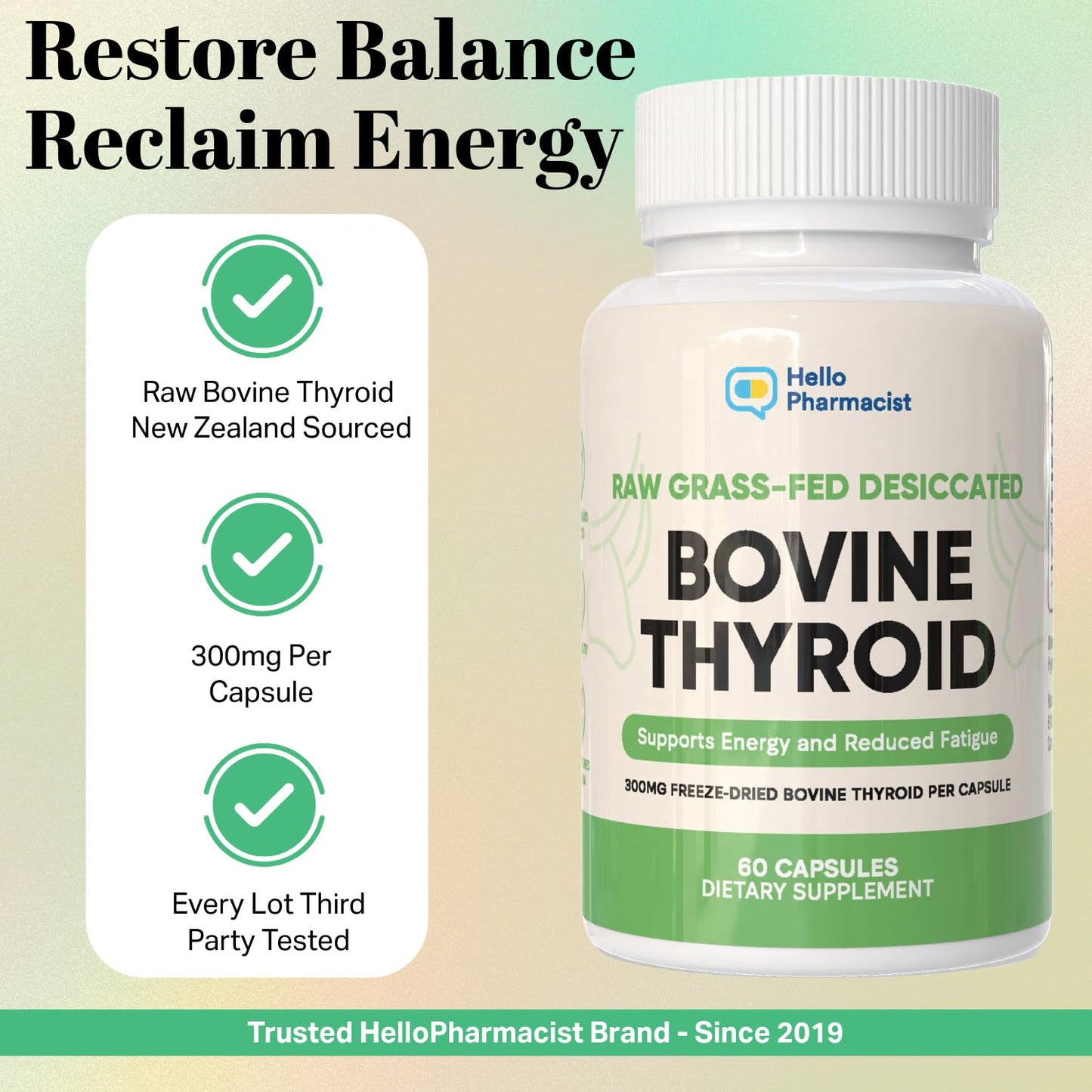 HelloPharmacist Raw Desiccated Bovine Thyroid 300mg Capsule โ NZ Grass-Fed, Non-GMO, 60 Capsules