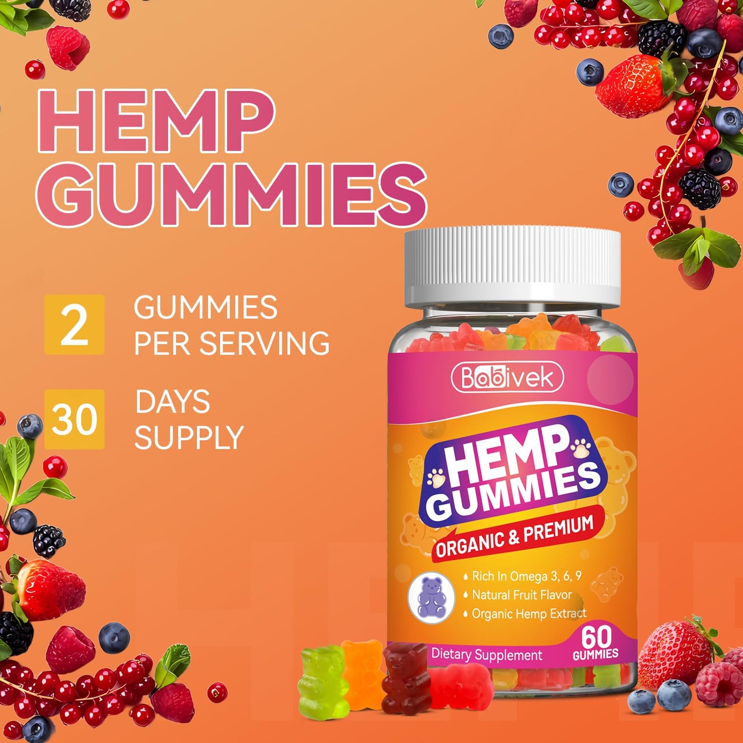 Hemp Oil Gummies with Vitamin C โ Vegan, Organic, Non-GMO, Gluten-Free, Fruity Flavor, 60 Gummies(1Pack)