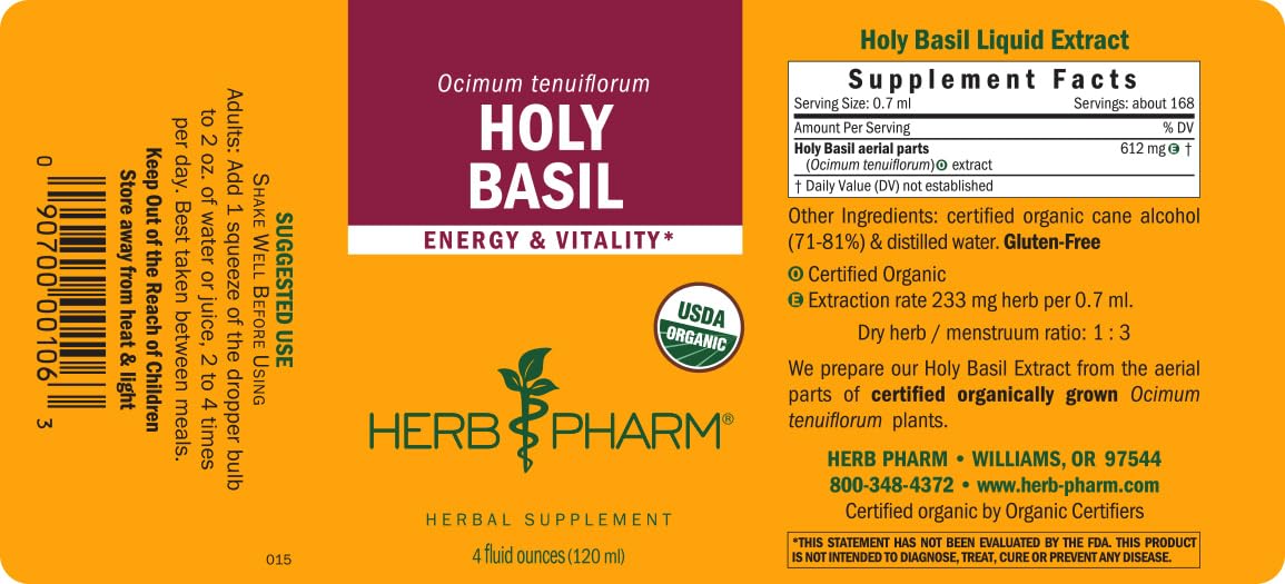 Herb Pharm Holy Basil (Tulsi) Liquid Extract โ Certified Organic, Energy & Vitality (4 oz)