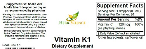 Herb-Science Vitamin K1 Drops โ Cold-Processed VIT K1 with Safflower Oil | 1 fl oz