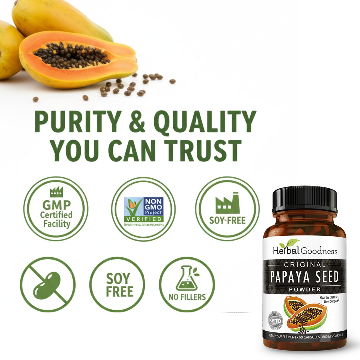 Herbal Goodness Papaya Seeds Powder Capsules β 600mg x 60, Organic Papain Enzymes for Digestion