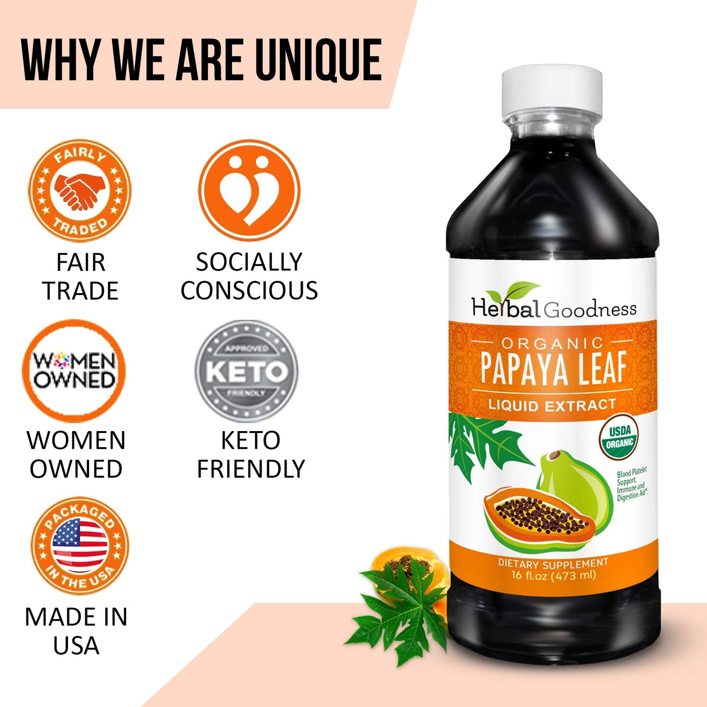 Herbal Goodness Papaya Leaf Extract 15X Platelet Support โ Organic 16 oz Liquid