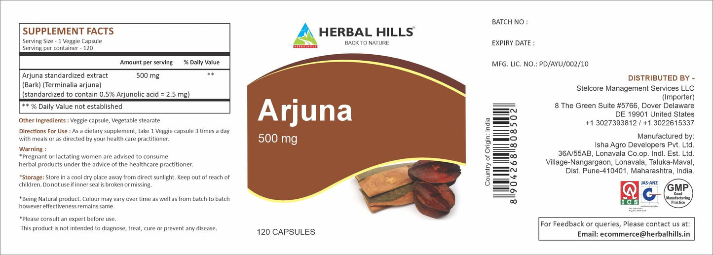 HERBAL HILLS Arjuna Capsules โ Terminalia Arjuna 120 Count (500 mg) Standardized Extract