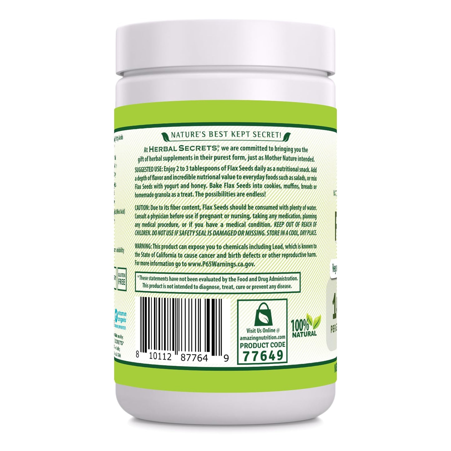 Herbal Secrets Organic Whole Flax Seeds Supplement โ 14 g per Serving, 1 lb | Raw Vegan, Non-GMO, Gluten-Free, Made in USA