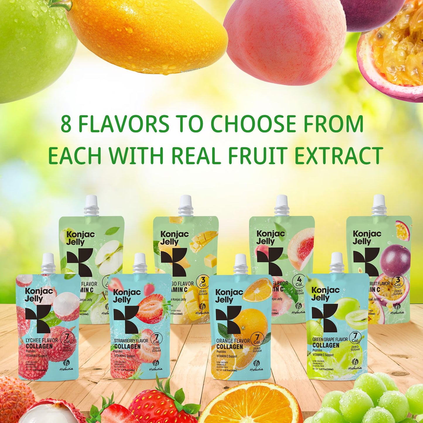 Hethstia Konjac Jelly Green Grape โ 10 Pouches, Collagen Peptides, Zero Sugar, Keto, Gluten Free, Vegan