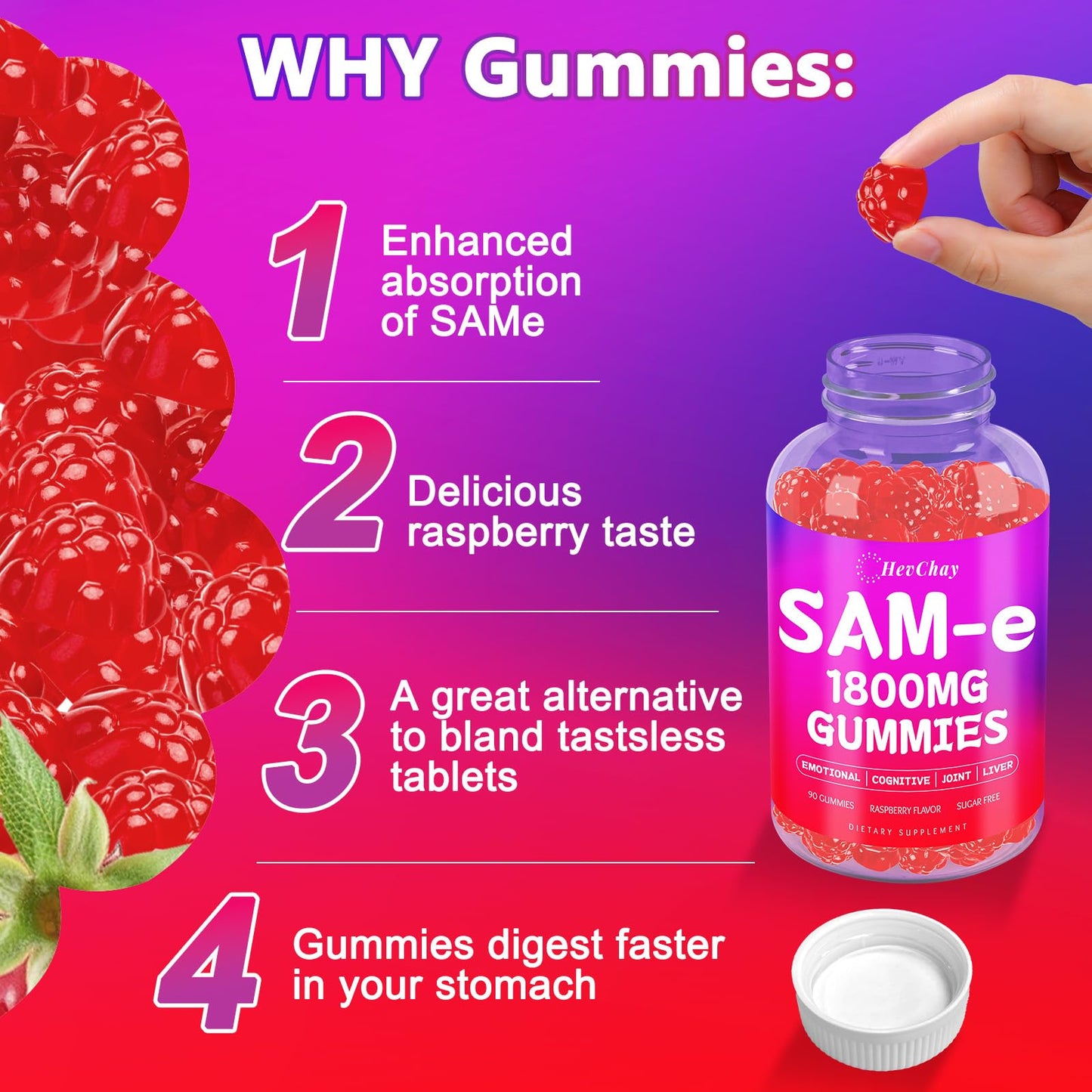 HevChay 1800 MG SAM-e Gummies โ Brain, Mood, Joints, Liver | 90 Vegan Gummies