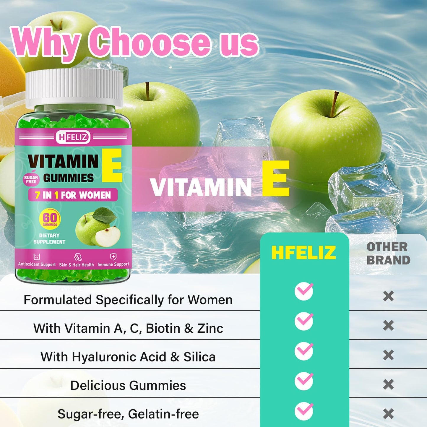HFELIZ Vitamin E Gummies 400 IU for Women โ 7-in-1 Skin, Nail, Hair & Antioxidant Support โ 60 Ct