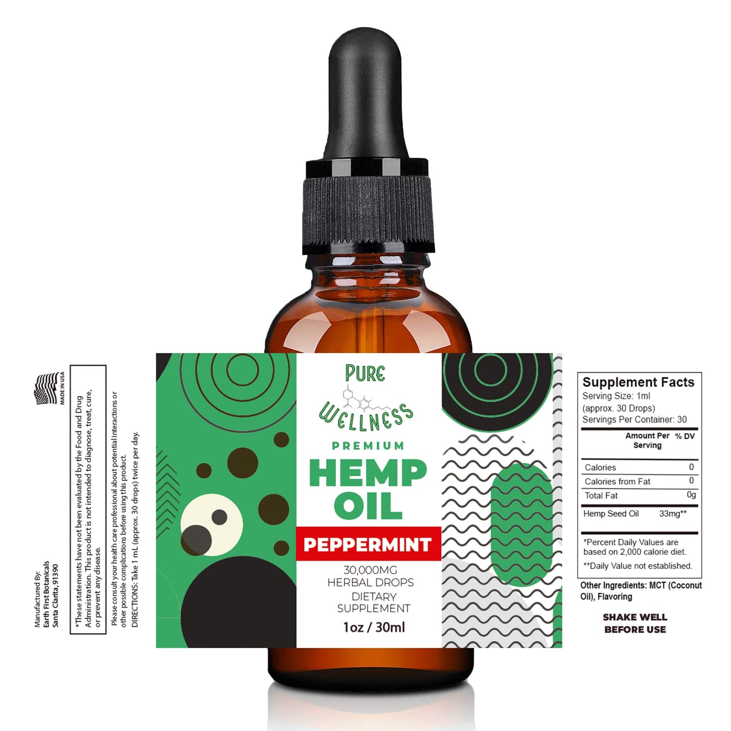 Organic Hemp Seed Oil (4 Oz) Peppermint, High Potency 30,000 mg | Non-GMO, Vegan