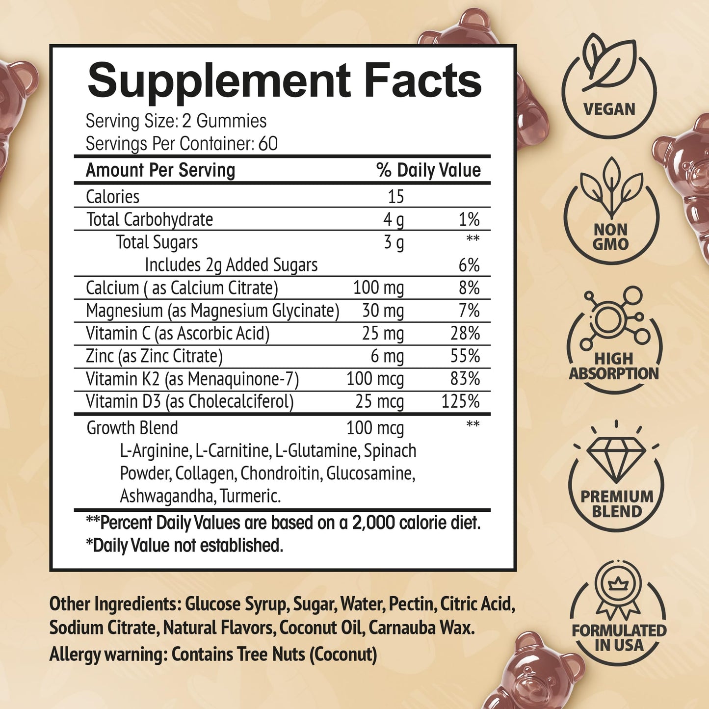HighSpot Height Growth Gummies โ Calcium 100mg, Vitamin K2 D3 25mcg, Magnesium Glycinate, Zinc