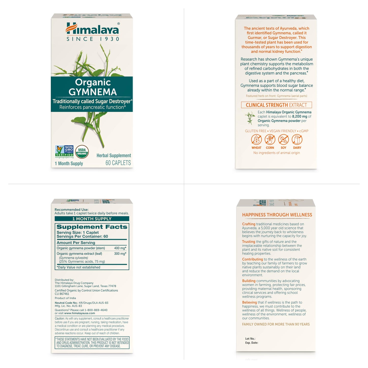 Himalaya Organic Gymnema Sylvestre โ Herbal Glucose Metabolism Support - USDA Organic, Non-GMO, Vegan, Gluten Free, Additive Free, 700 mg, 60 Caplets