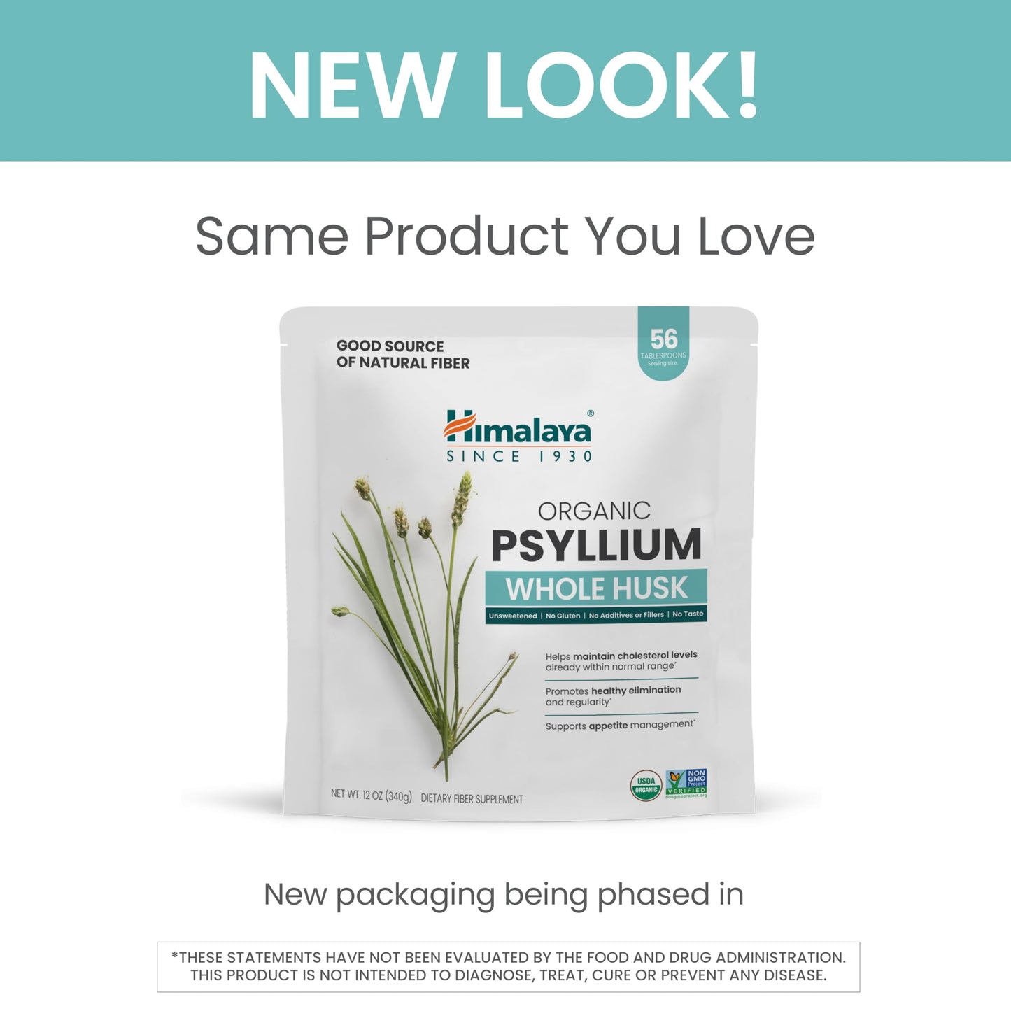 Himalaya Organic Psyllium Whole Husk β 2-Pack, 56 Tbsp, Unflavored, USDA Organic, Non-GMO Fiber Supplement